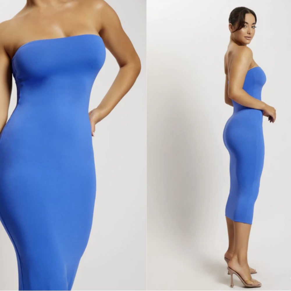 Meshki Strapless Bodycon Midi Dress in Cobalt Blue